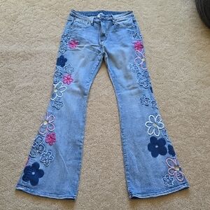 Oli & Hali Blue Floral Embroidered Flare Jeans